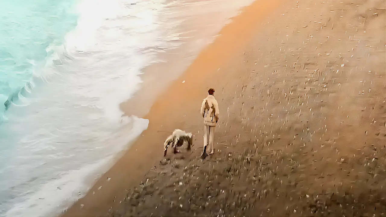 Grace y Rocky caminando juntos en la playa artificial de Erid en el final de Proyecto Salvación